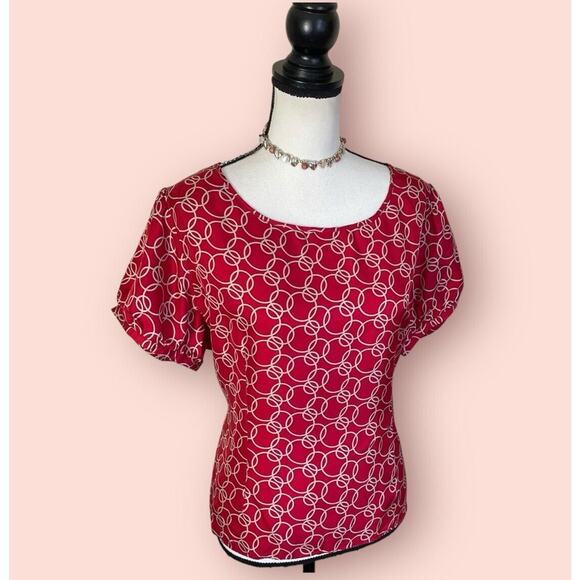 BARRIE PACE Ruby Red Tan Silk Short Sleeve Fitted Blouse Womens 18 2X Plus Top - Picture 4 of 9